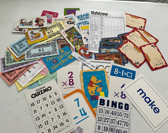 50 Vintage Game Pieces, Kids Games, Flash Cards, Play Money, Game Cards