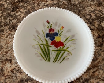 Vintage Westmoreland Beaded Edge Plate with Red, Blue Flowers, Milkglass Milk Glass, Hand Painted