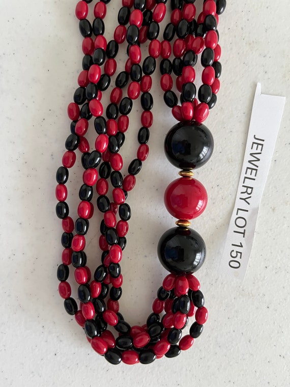 Multi Strand Red and Black Beaded Choker Necklace… - image 1