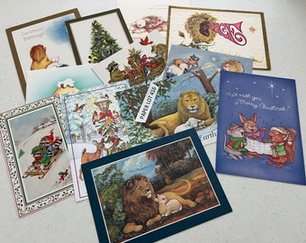 12 Used Christmas Card FRONTS Only with Woodland Animals and Lions/Lambs, Birds, Scrapbook, Card Making, Junk Journals, Paper Lot 416