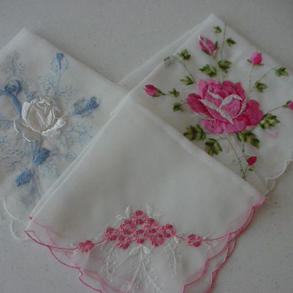 3 Lovely Vintage Ladies' Sheer Hanky, Hankies, Handkerchiefs, Pink, Blue Floral, Embroidered, White Background, Scalloped Edges