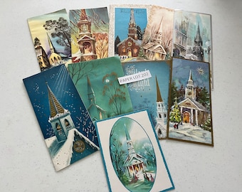 10 Used Christmas Cards, All with Churches, Scrapbooking, Card Making, Journals, Recycle, Paper Lot 202