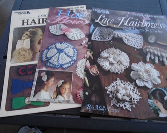 3 Vintage 1990s Hair Bows Crochet Leaflets, Leisure Arts 2140, 955, Annies Attic, Molly Dwyer, Carolyn Pfeifer