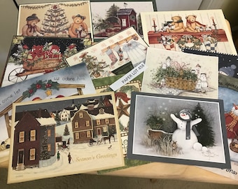 12 Vintage Christmas Card Fronts, Country Christmas, Snowmen, Framed Art, Scrapbooking, Altered Art, Paper Ephemera, Paper Lot 458