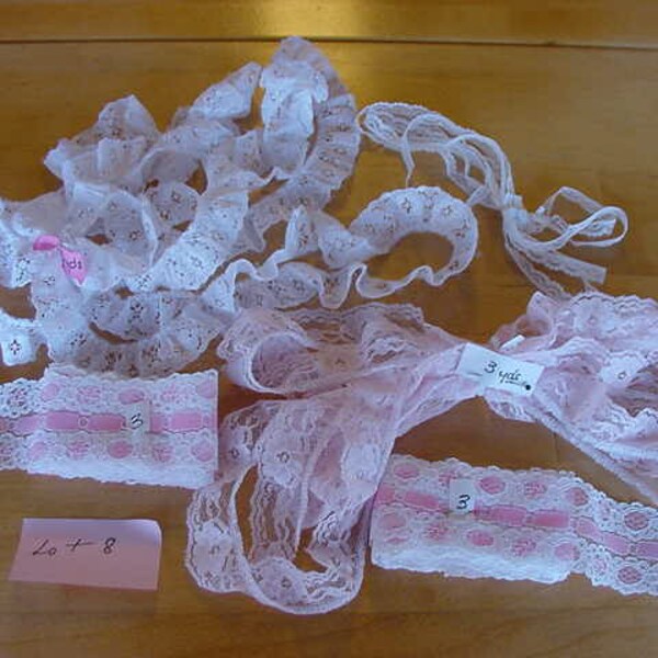 14 Yards Pretty Pink and White Flat and Ruffled/Gathered Lace, Valentine, Baby Girl Pink, Sewing, Crafts, Lot 8, 4 Styles, Scrapbooking