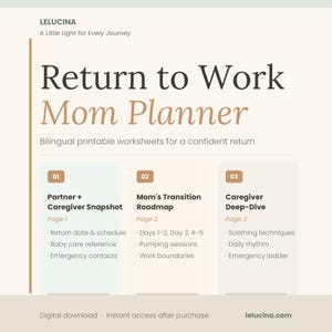 Könnte beinhalten: Ein digitaler Return to Work Mom Planner von LELUCINA mit drei Abschnitten: Partner + Caregiver Snapshot, Mom's Transition Roadmap und Caregiver Deep-Dive. Die druckbaren Arbeitsblätter enthalten Listen für Rückkehrdaten, Zeitpläne und Notfallkontakte.
