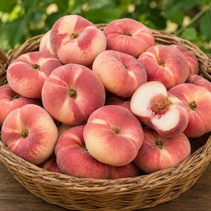 May include: A woven wicker basket filled with numerous flat, round donut peaches. The peaches have smooth, pale cream-colored skin with vibrant red and pink blushes. One peach is sliced open, revealing white flesh and a central brown pit.