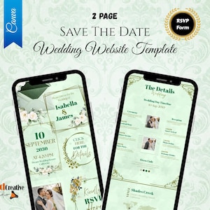 Pode incluir: Um modelo de site de casamento de duas páginas exibido em dois smartphones. O modelo apresenta um esquema de cores verde claro e dourado com detalhes florais. O texto inclui "Save the Date" e "Wedding Website Template."