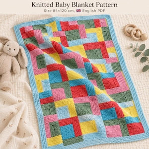 May include: A digital PDF pattern for a knitted baby blanket measuring 84 by 120 cm. The blanket features a geometric block design in red, yellow, green, pink, and light blue, finished with a light blue border. The text reads Knitted Baby Blanket Pattern.