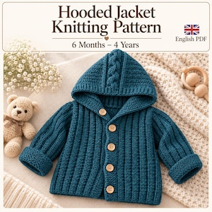 May include: A teal knitted hooded jacket with a cable knit pattern on the hood and ribbed texture on the body, featuring four light brown wooden buttons. The text reads Hooded Jacket Knitting Pattern, 6 Months – 4 Years, English PDF.