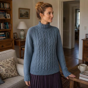 May include: A dusty blue long-sleeve sweater featuring a high mock neck collar and a vertical cable knit pattern on the front. The sweater has ribbed cuffs and a ribbed hem, with plain knit sleeves and back panels, providing a textured appearance.