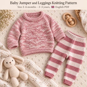 May include: A knitting pattern for a baby jumper and leggings, titled Baby Jumper and Leggings Knitting Pattern, Size 3-6 months – 2-3 years, English PDF. The set includes a heathered pink long-sleeve jumper and pink and white striped leggings.