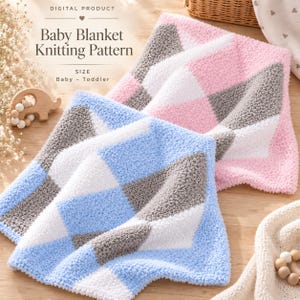 May include: A digital product knitting pattern for a baby blanket, featuring text that reads 'DIGITAL PRODUCT', 'Baby Blanket Knitting Pattern', and 'SIZE Baby - Toddler'. The image displays two knitted blankets with a diamond pattern in pink, blue, white, and gray.