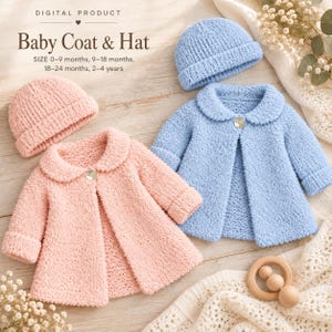 May include: A digital product listing for a baby coat and hat set in pink and blue. The text reads: DIGITAL PRODUCT, Baby Coat & Hat, SIZE 0-9 months, 9-18 months, 18-24 months, 2-4 years. The set includes two textured knit coats with collars and buttons.