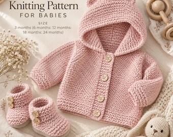 Patrón de punto para chaqueta con capucha de bebé / Patrón de cárdigan y patucos de bebé / Patrón de punto en PDF / Patrón de conjunto de cárdigan con capucha para bebé