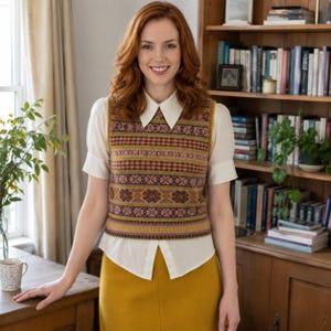 May include: A sleeveless knit sweater vest featuring a multi-colored Fair Isle pattern in shades of mustard yellow, burgundy, and muted pink. The vest is worn over a white short-sleeved collared blouse and paired with a solid mustard yellow skirt.