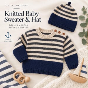 Stickmönster för babytröja | Randigt set med stickmönster | Stickad babytröja i PDF-format | Mönster för babymössa och filt