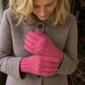 May include: A pair of bright pink knit gloves featuring a textured cable knit pattern on the back of the hand and ribbed cuffs. The gloves are crafted from a soft yarn with a subtle speckled appearance, providing full finger coverage.
