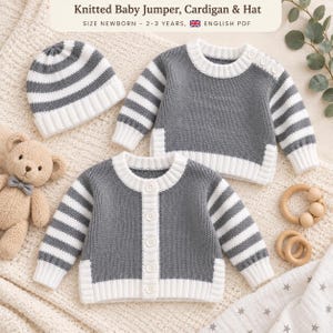 Stickmönster för babytröja/kofta | Babytröjeset | Mössa/babymönster för stickning | Stickmönster för småbarnskofta i PDF-format