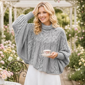Cable Knit Poncho Knitting Pattern PDF | Women's Cable Poncho Knit Pattern | Turtleneck Cape Knitting Pattern | Cozy Knit Wrap Pattern