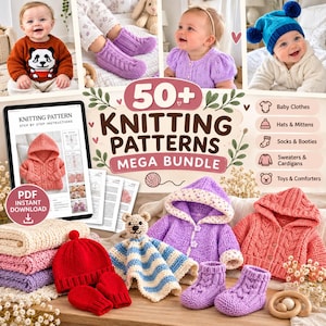 May include: A digital knitting pattern bundle featuring 50+ designs for baby clothes, hats, mittens, socks, booties, sweaters, cardigans, and toys. The image displays various knitted items including a red hat and mittens, a purple cardigan, and a teddy bear comforter.