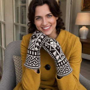 May include: A pair of dark brown and white knit mittens featuring a detailed geometric pattern with repeating diamond and chevron motifs. The mittens have a ribbed cuff edge and are constructed from a thick, textured yarn material.