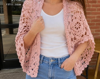 Patrón de bolero de ganchillo en PDF / Patrón de cárdigan cuadrado floral estilo abuela / Patrón de bolero bohemio de ganchillo / Chal de ganchillo fácil para mujer