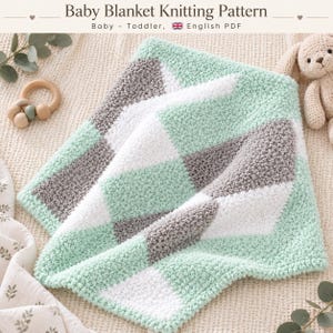 May include: A baby blanket knitting pattern in PDF format featuring a textured, checkered design in mint green, white, and gray. The text at the top reads Baby Blanket Knitting Pattern, Baby - Toddler, English PDF. The blanket has a bumpy stitch.