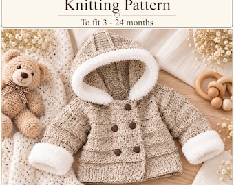 May include: A beige hooded jacket knitting pattern for 3-24 months. The jacket is knit with a textured stitch, featuring a white faux-fur lined hood and cuffs, and four dark brown buttons. The text reads Hooded Jacket Knitting Pattern.