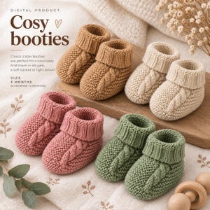 May include: Four pairs of knitted baby booties in light brown, cream, dusty pink, and sage green. Each pair features a garter stitch texture with a vertical cable knit detail on the front and a ribbed cuff. Text reads: DIGITAL PRODUCT Cosy booties.
