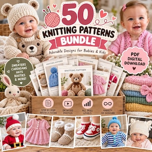 Può includere: Un pacchetto digitale di 50 modelli di maglieria per neonati e bambini, con istruzioni passo dopo passo, foto dettagliate e vari design tra cui maglioni, cardigan, cappelli e scarpine. Il pacchetto è un download digitale in formato PDF.
