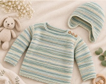 Patrón de punto para jersey y gorro de bebé a rayas / Patrón de jersey de bebé en PDF / Patrón de punto para gorro con orejeras / Conjunto de bebé en punto bobo en PDF