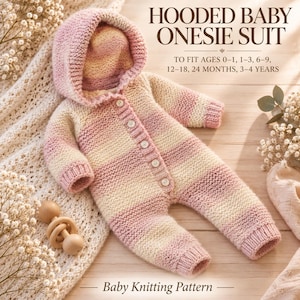 Puede incluir: Un mono con capucha para bebé con rayas horizontales en tonos rosa y crema. La prenda tejida cuenta con un cierre frontal de cinco botones pequeños. El texto en la imagen dice: HOODED BABY ONESIE SUIT TO FIT AGES 0-1, 1-3, 6-9, 12-18, 24 MONTHS, 3-4 YEARS Baby Knitting Pattern.