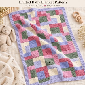 May include: A knitted baby blanket pattern featuring a geometric block design in lavender, cream, dark green, and pink. The text reads Knitted Baby Blanket Pattern, Size 84x120 cm, English PDF. The blanket has a lavender border and a textured knit.
