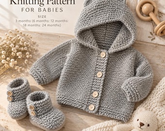 Patrón de punto para chaqueta con capucha de bebé / Patrón de cárdigan y patucos de bebé / Patrón de punto en PDF / Patrón de conjunto de cárdigan con capucha para bebé