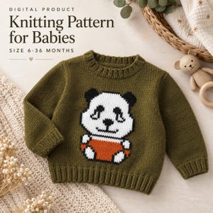 May include: A digital product knitting pattern for babies, size 6-36 months. The image features an olive green long-sleeve sweater with a central graphic of a white and black panda bear wearing orange pants, knitted with a ribbed crew neck and cuffs.