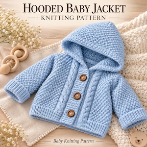 Op de afbeelding: Een lichtblauw gebreid babyjasje met capuchon, voorzien van een textuurpatroon, kabelbreidetails langs de knoopsluiting aan de voorzijde en drie bruine houten knopen. De tekst HOODED BABY JACKET KNITTING PATTERN is boven en onder zichtbaar.