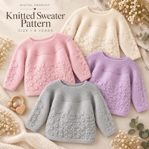 May include: A digital product listing for a knitted sweater pattern in sizes 1-6 years, featuring four long-sleeve sweaters in cream, pink, purple, and gray, each with a textured lattice stitch pattern on the body and sleeves.