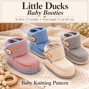 May include: Three knitted baby booties in pink, blue, and beige, each featuring a single wooden button closure. The text reads Little Ducks Baby Booties, To fit 6-12 months, Foot length 11 cm (4.25 in), and Baby Knitting Pattern.