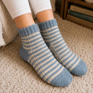 May include: A pair of ankle-length knit socks featuring a horizontal striped pattern in light blue and cream. The socks have a ribbed cuff at the top, a solid blue heel section, and a reinforced textured vertical seam running down the side of each foot.