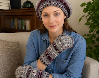 Patrón de punto para gorro y mitones Fair Isle / Conjunto de gorro y mitones de lana para mujer adulta con motivos de colores / Patrón de punto para accesorio de lana Shetland en PDF