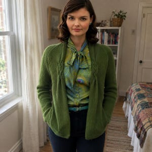 May include: A moss green knit cardigan featuring long sleeves, an open front, and braided detailing at the shoulders. The cardigan is worn over a green and blue patterned blouse with a pussy-bow neckline and a light blue belt with a silver buckle.