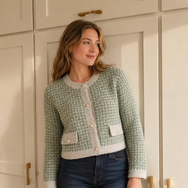 May include: A sage green and white houndstooth knit cardigan featuring a round neckline, long sleeves, and a button-down front with pearl-like buttons. The garment includes two small front pockets with matching buttons and solid light gray trim.