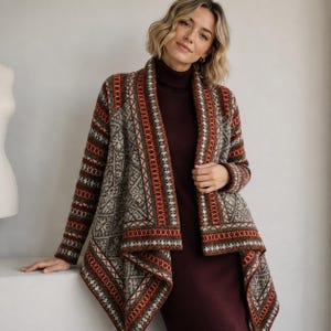 Molde de Cardigã de Tricô em PDF | Molde de Jaqueta Cardigã de Tricô Fair Isle | Molde de Casaco de Tricô Feminino com Gola Drapeada | Tricô para Sobreposição