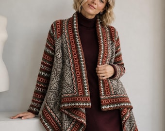 Patrón de cárdigan de punto en PDF / Patrón de chaqueta cárdigan de punto Fair Isle / Patrón de abrigo de punto con cuello drapeado para mujer / Prendas de punto para superponer