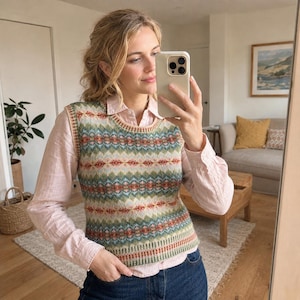 May include: A sleeveless knit sweater vest featuring a multi-colored Fair Isle pattern in shades of sage green, rust orange, cream, and blue. The garment has a round neckline, ribbed trim at the armholes and hem, and is worn over a light pink button-down shirt.