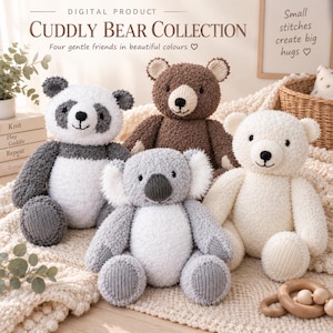 May include: A digital product collection titled Cuddly Bear Collection featuring four crocheted stuffed animals: a panda, a brown bear, a koala, and a white bear. The text reads: Digital Product, Cuddly Bear Collection, Four gentle friends in beautiful colours, Small stitches create big hugs.