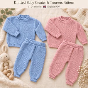 May include: A digital pattern for a knitted baby sweater and trousers set, sized 0-24 months, featuring a light blue set and a pink set. The text at the top reads: Knitted Baby Sweater & Trousers Pattern, 0-24 months, English PDF.