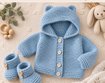 Patrón de punto para chaqueta con capucha de bebé / Patrón de cárdigan y patucos de bebé / Patrón de punto en PDF / Patrón de conjunto de cárdigan con capucha para bebé