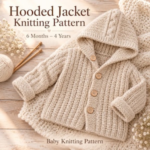 May include: A beige knitted hooded jacket with a ribbed texture and four wooden buttons. The text reads Hooded Jacket Knitting Pattern, 6 Months – 4 Years, and Baby Knitting Pattern. The jacket is displayed with knitting needles and yarn.